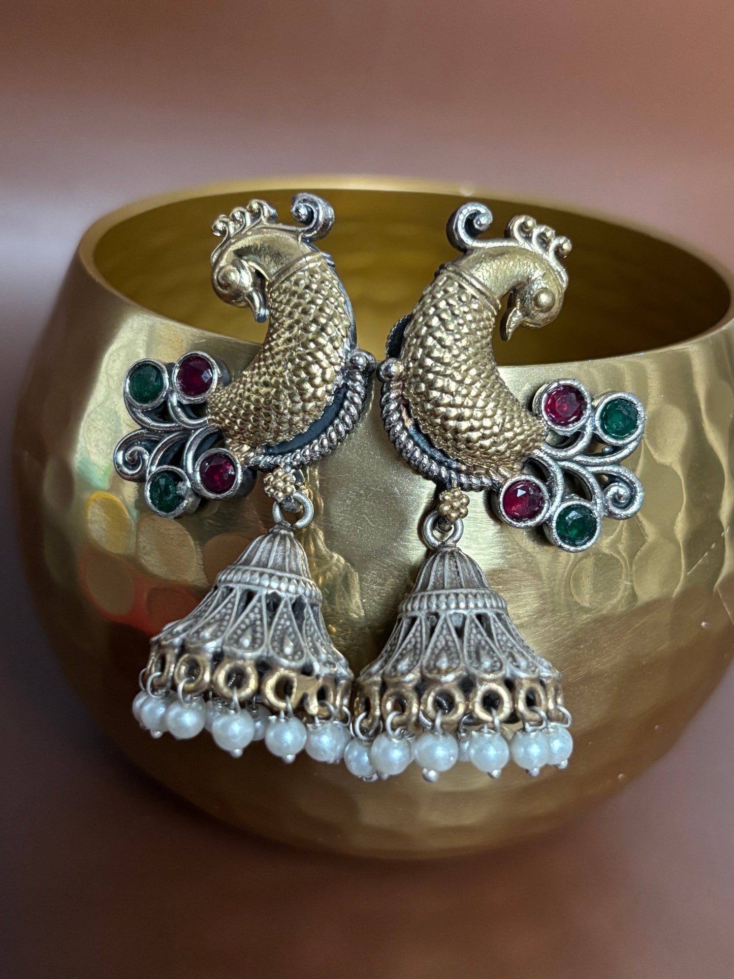 Aarohi Red & Green Peacock Dual Tone Earrings