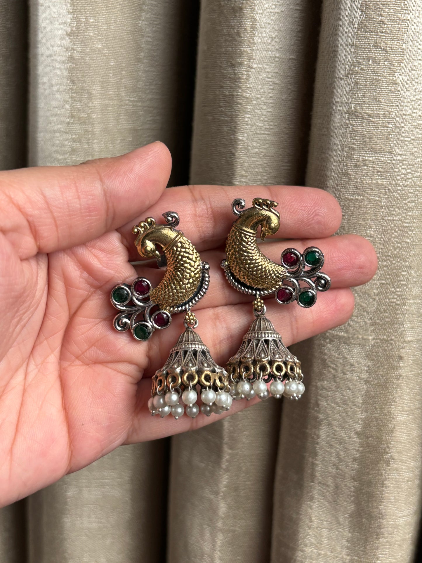 Aarohi Red & Green Peacock Dual Tone Earrings