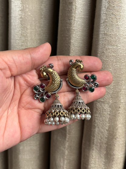 Aarohi Red & Green Peacock Dual Tone Earrings