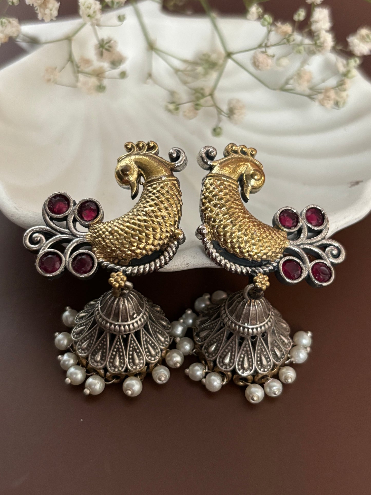 Aarohi Red Peacock Dual Tone Earrings