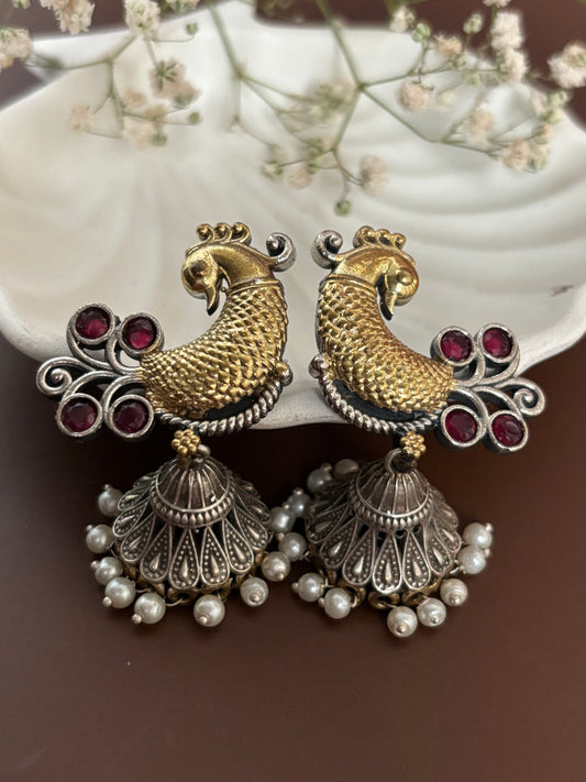 Aarohi Red Peacock Dual Tone Earrings
