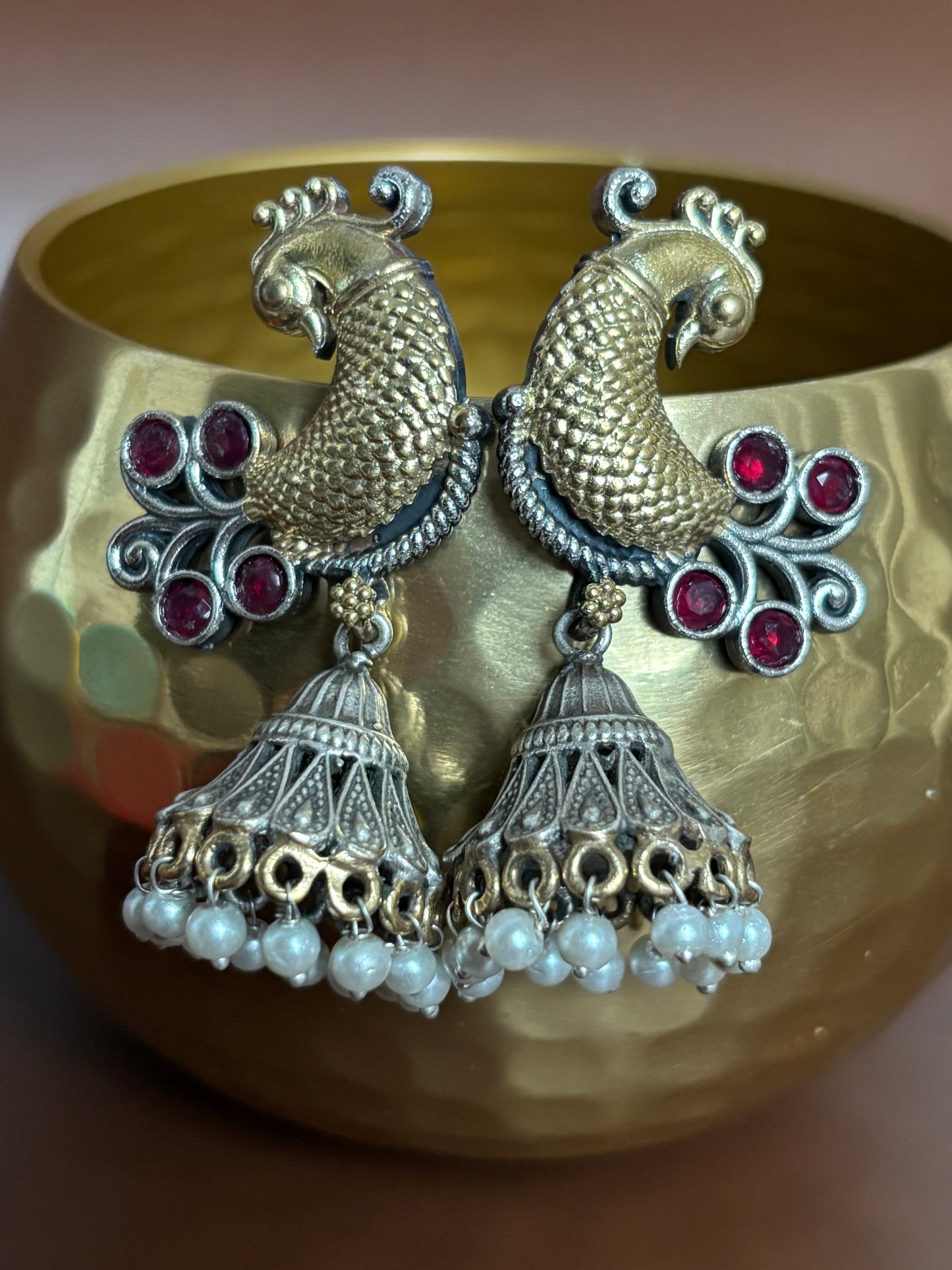 Aarohi Red Peacock Dual Tone Earrings