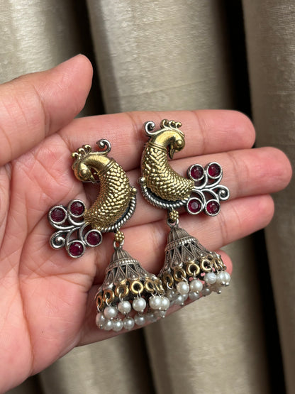 Aarohi Red Peacock Dual Tone Earrings