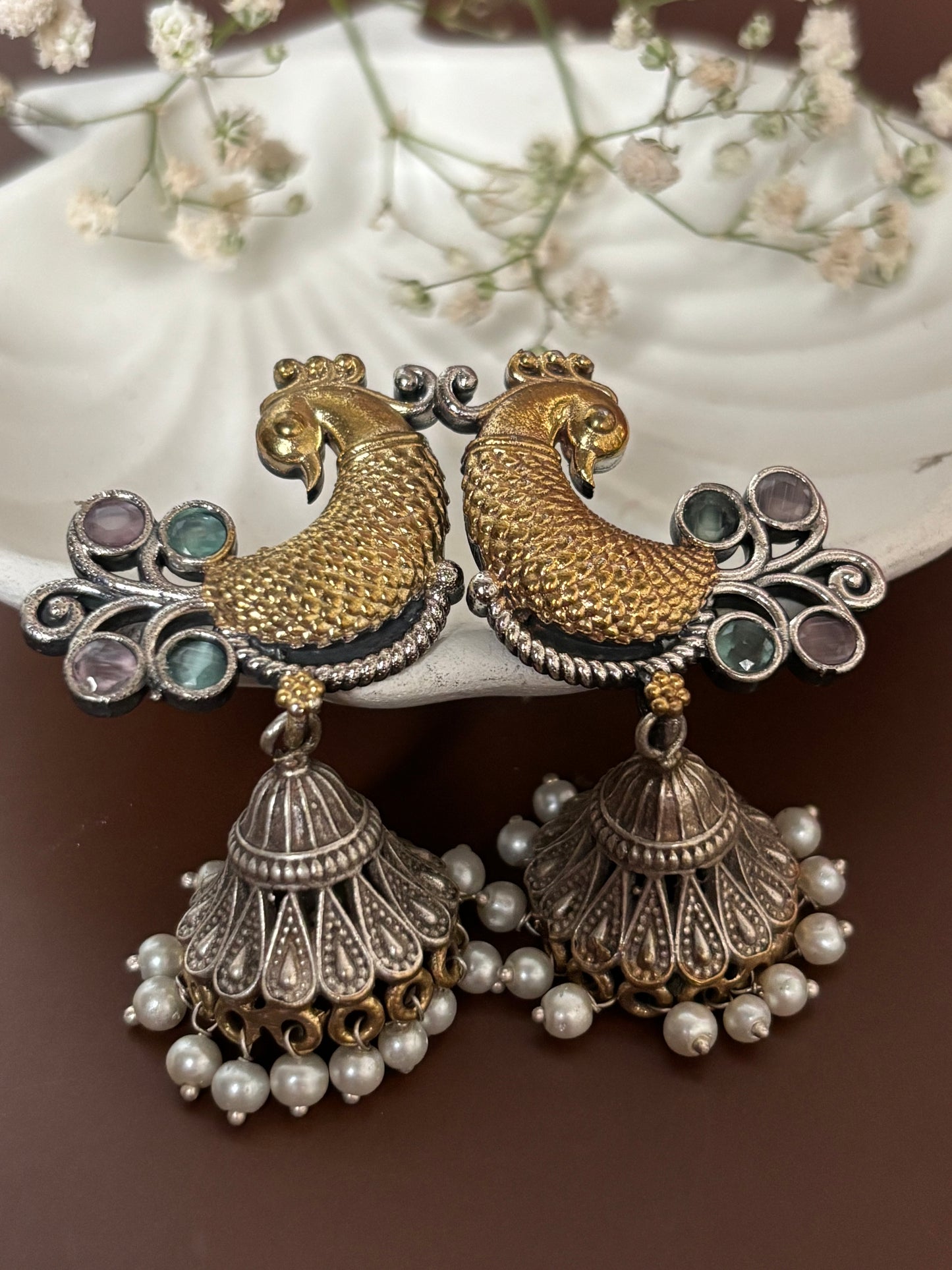Aarohi Pink & Sea Green Peacock Dual Tone Earrings