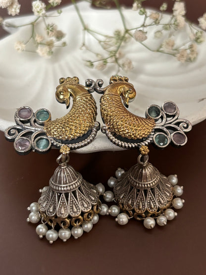 Aarohi Pink & Sea Green Peacock Dual Tone Earrings