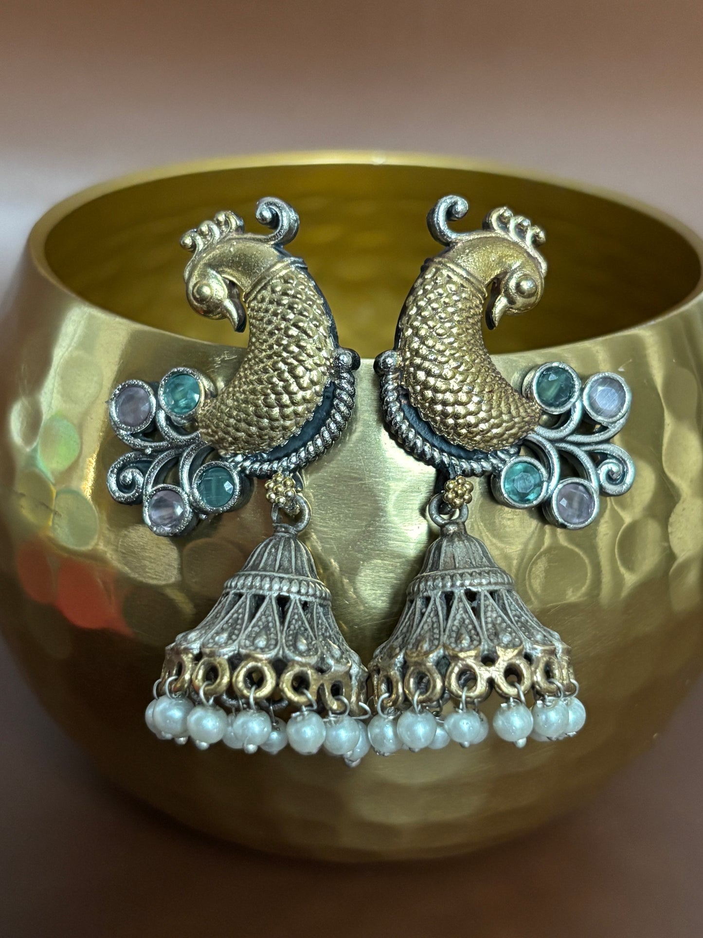 Aarohi Pink & Sea Green Peacock Dual Tone Earrings