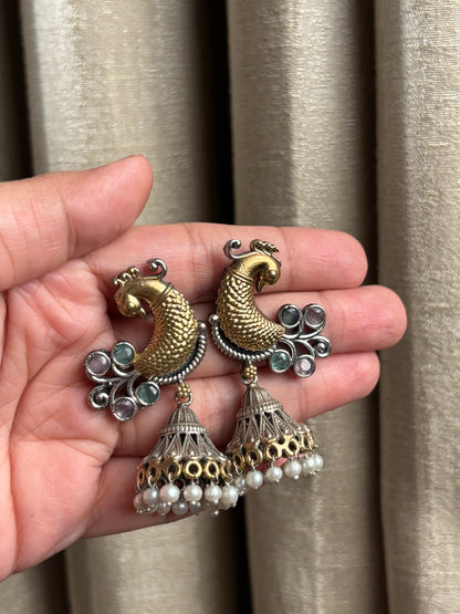 Aarohi Pink & Sea Green Peacock Dual Tone Earrings