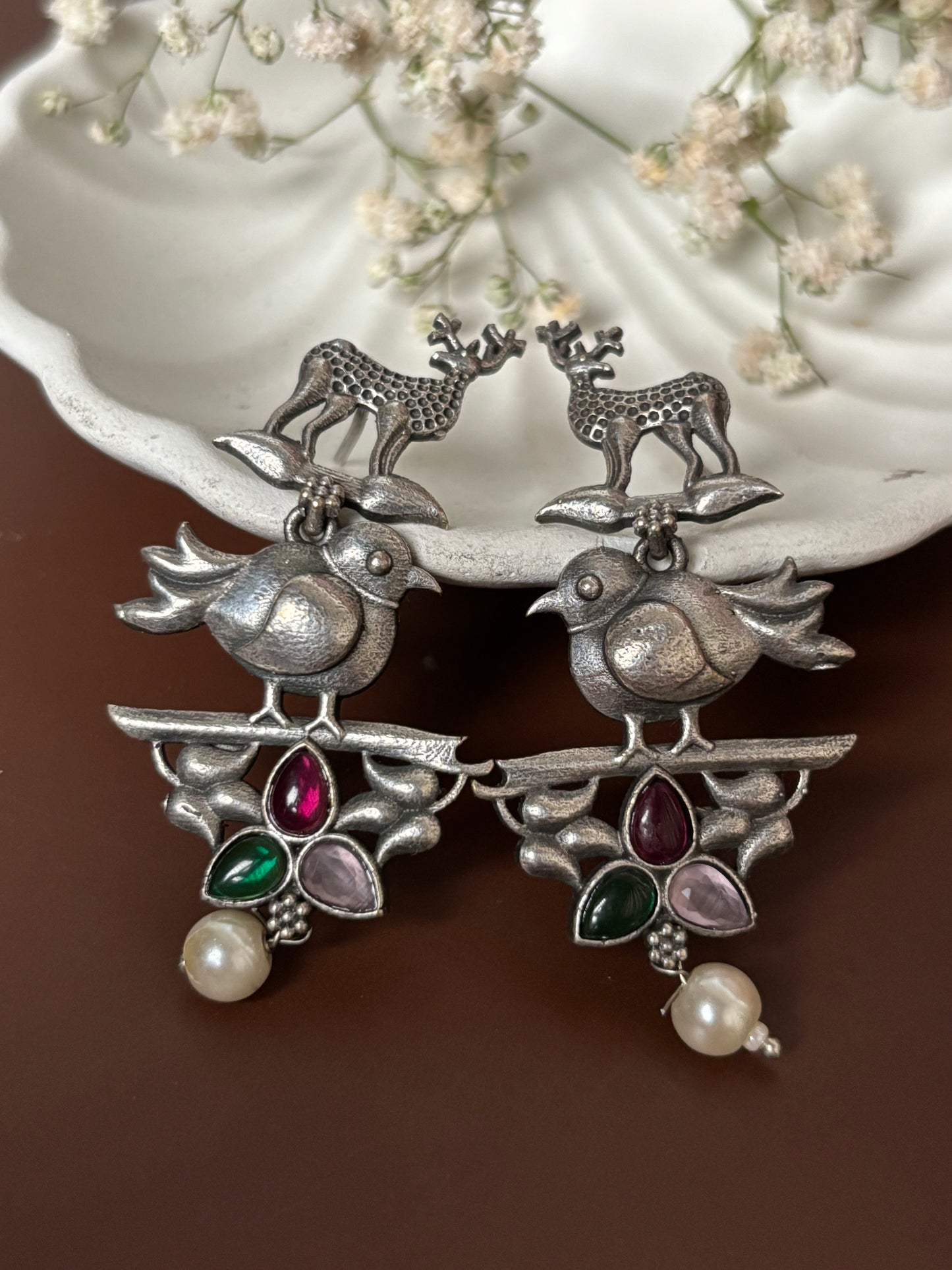 Pihu Pink Green Oxidized Earring