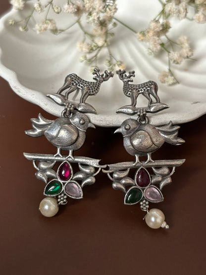 Pihu Pink Green Oxidized Earring