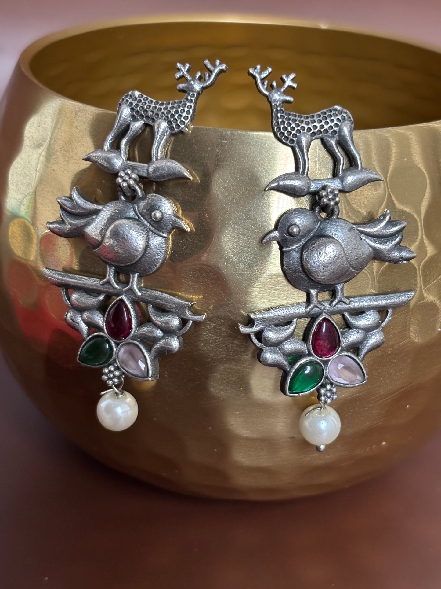 Pihu Pink Green Oxidized Earring