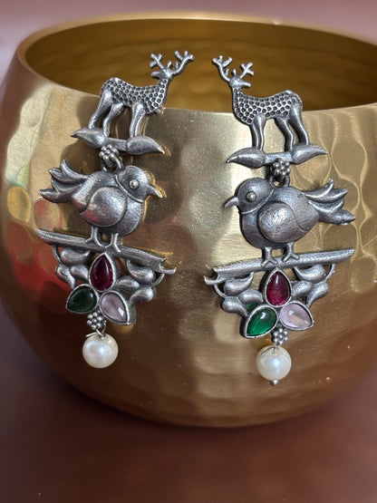 Pihu Pink Green Oxidized Earring