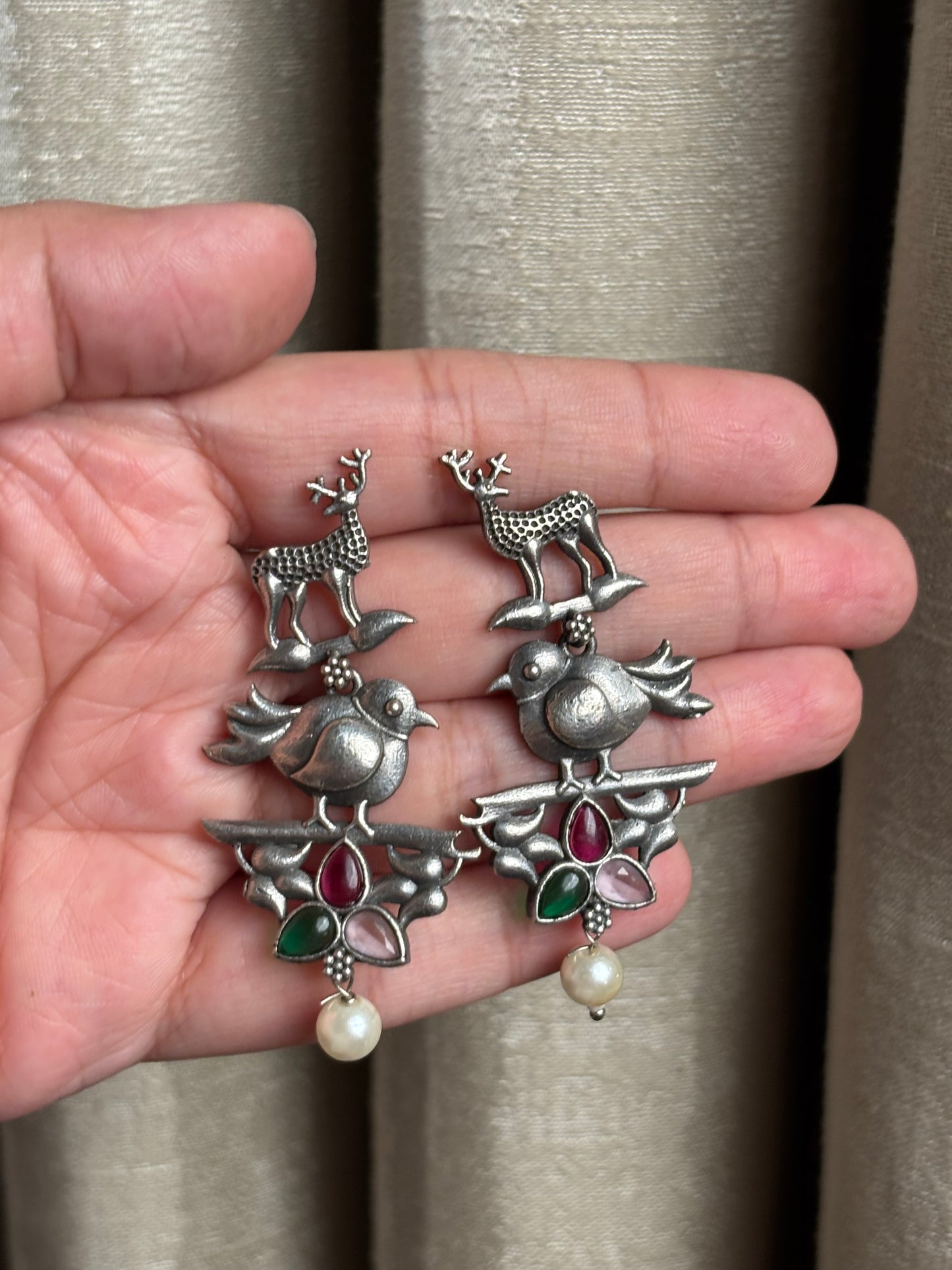 Pihu Pink Green Oxidized Earring