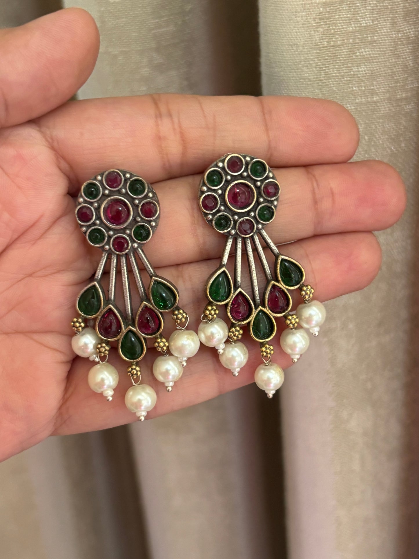 Shreya Pink Green Oxidized Earrings