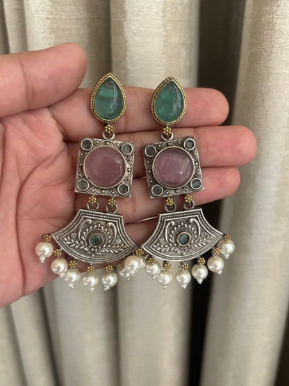 Shivani Pink & Sea Green dual tone long Earrings