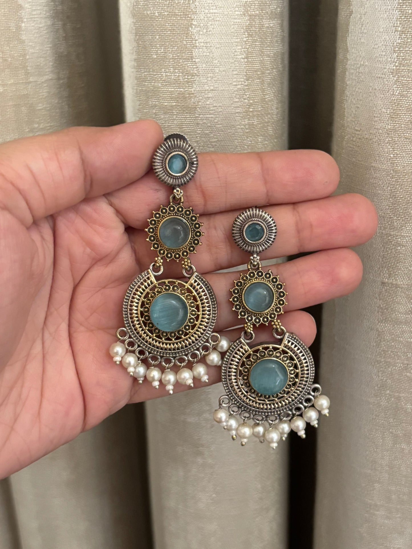 Vanshi Blue Dual Tone Long Earrings