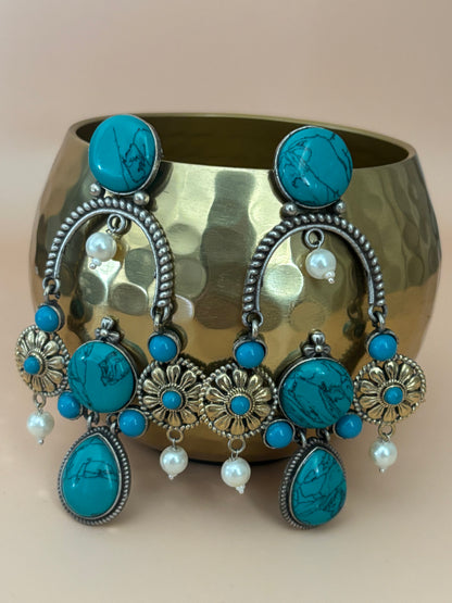 Prisha Turquoise Green Long Dual Tone Earrings