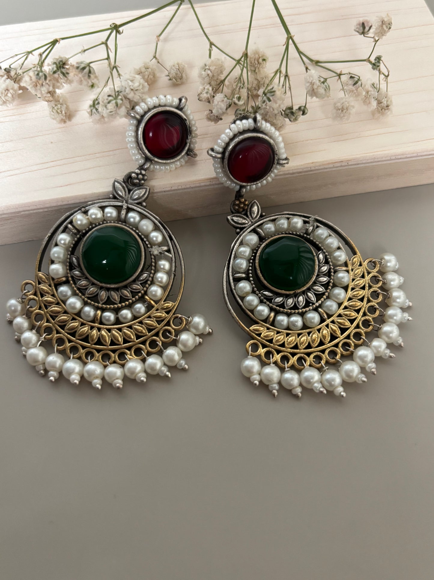 Priyali Red & Green Pearl Chandbali