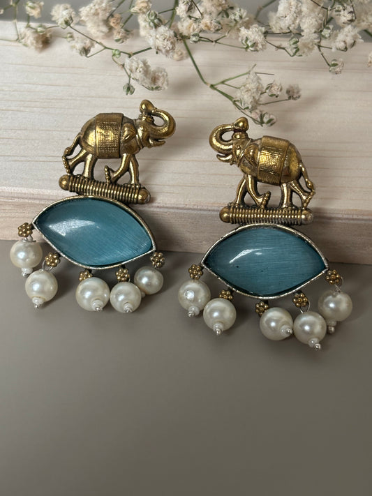 Sanika Blue Elephant Dual Tone Earrings