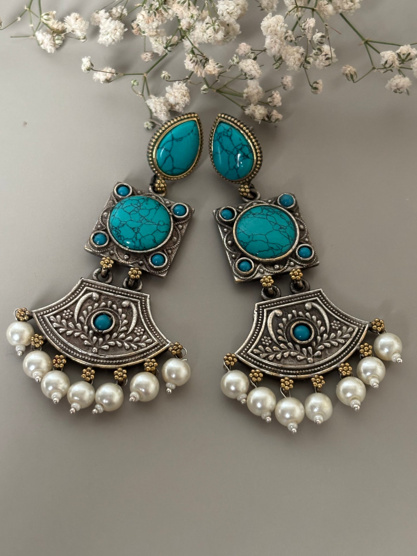 Shivani Turquoise Blue Dual Tone Long Earrings