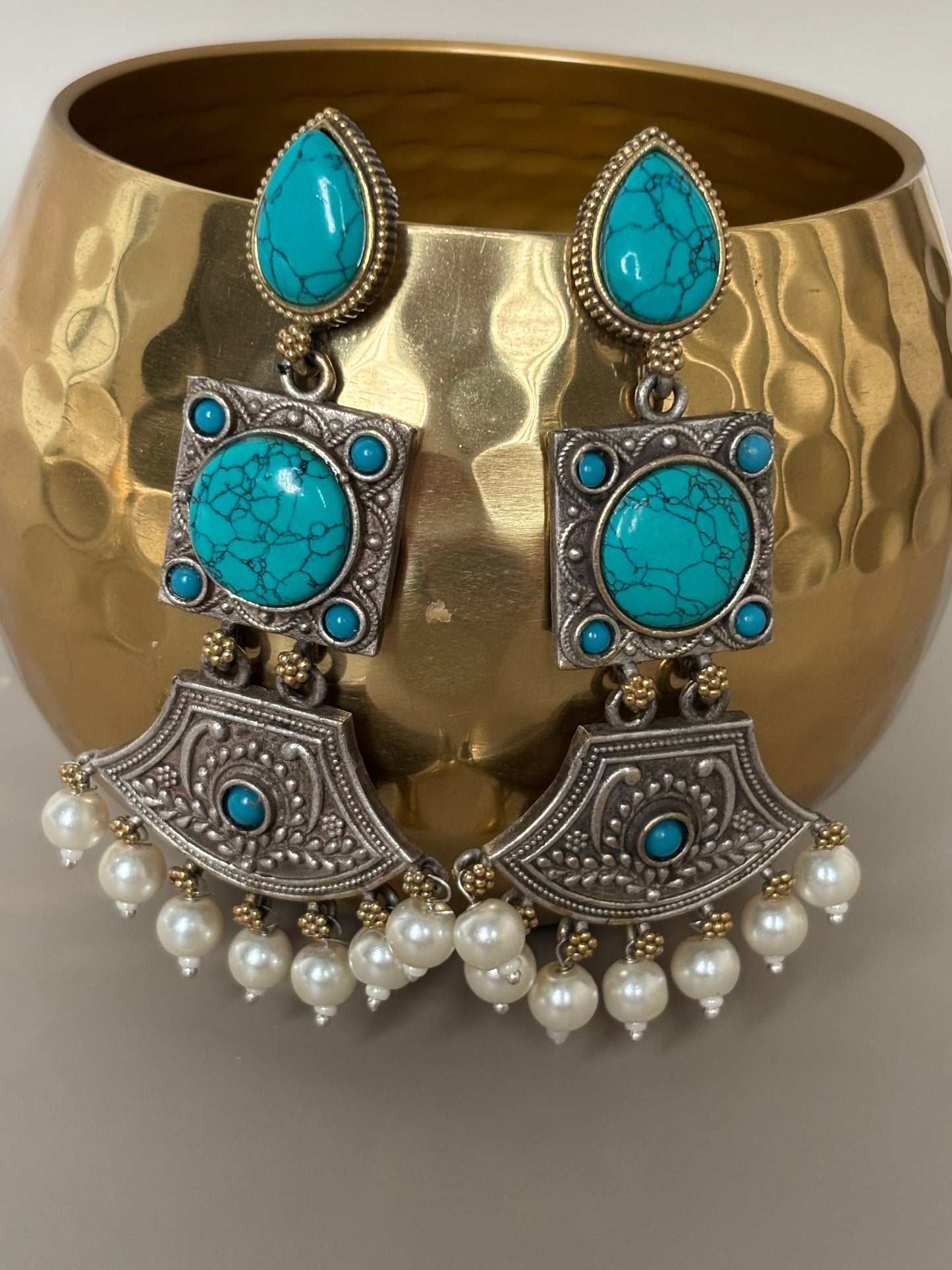 Shivani Turquoise Blue Dual Tone Long Earrings