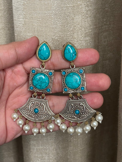 Shivani Turquoise Blue Dual Tone Long Earrings