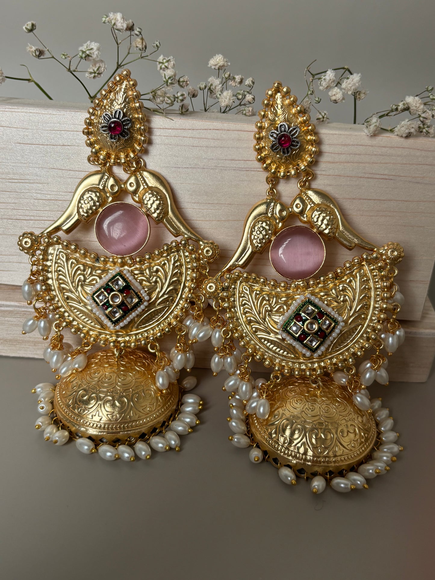 Sharvari Pink Stone Long Golden Earring