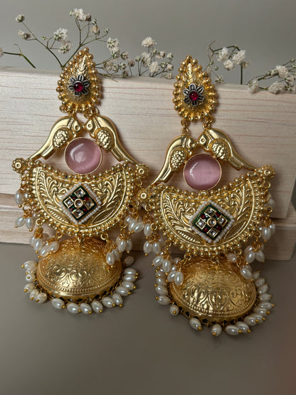 Sharvari Pink Stone Long Golden Earring