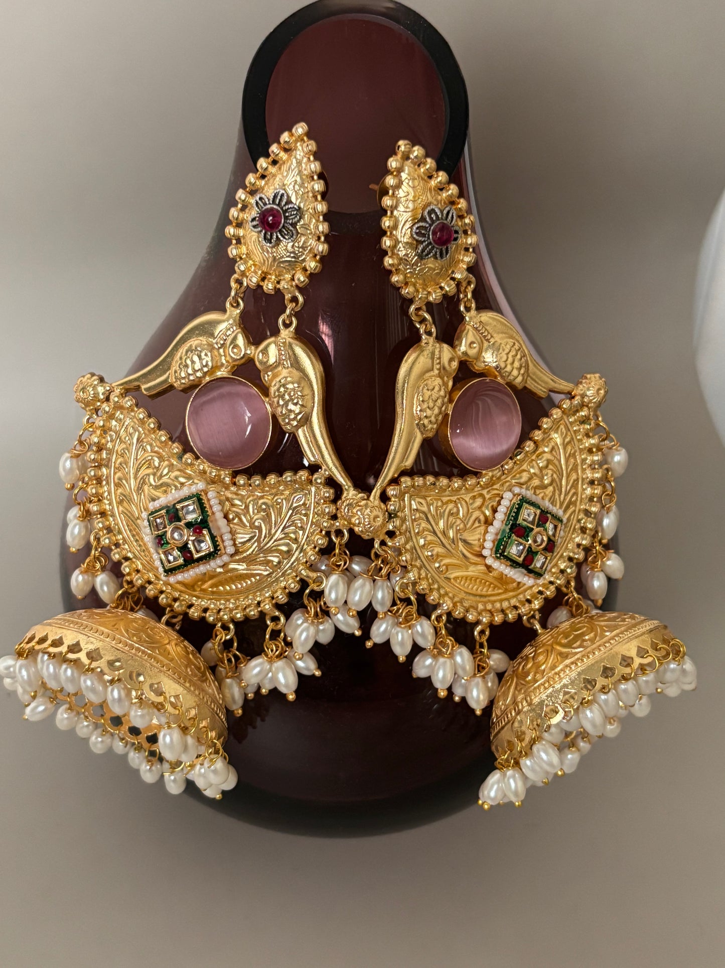 Sharvari Pink Stone Long Golden Earring