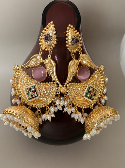 Sharvari Pink Stone Long Golden Earring