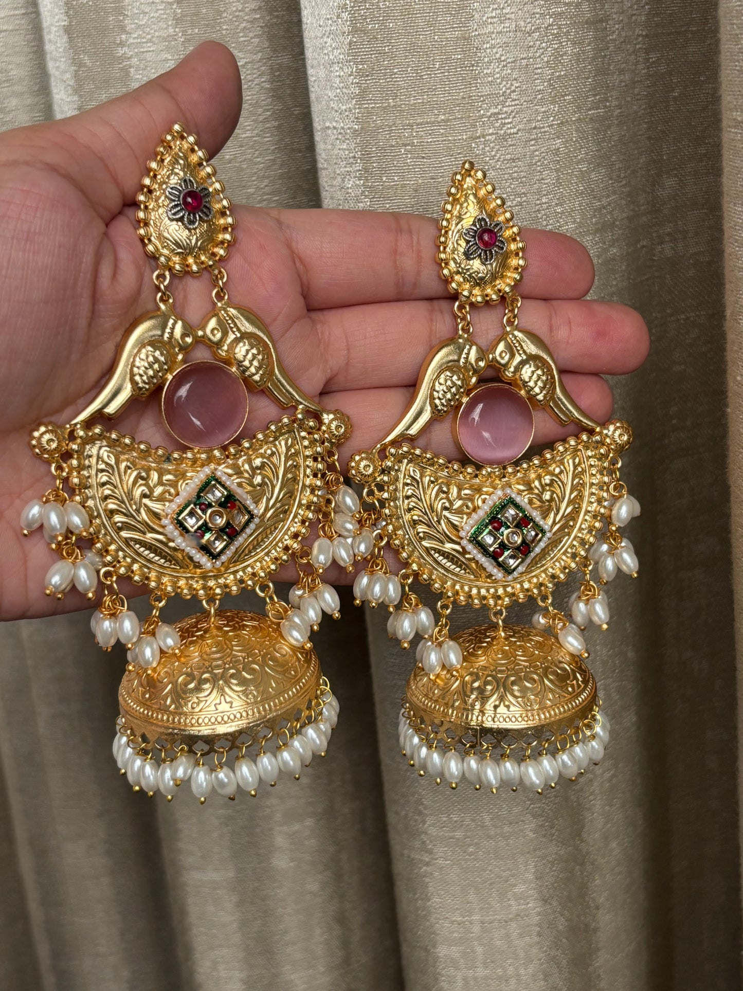 Sharvari Pink Stone Long Golden Earring