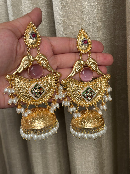 Sharvari Pink Stone Long Golden Earring