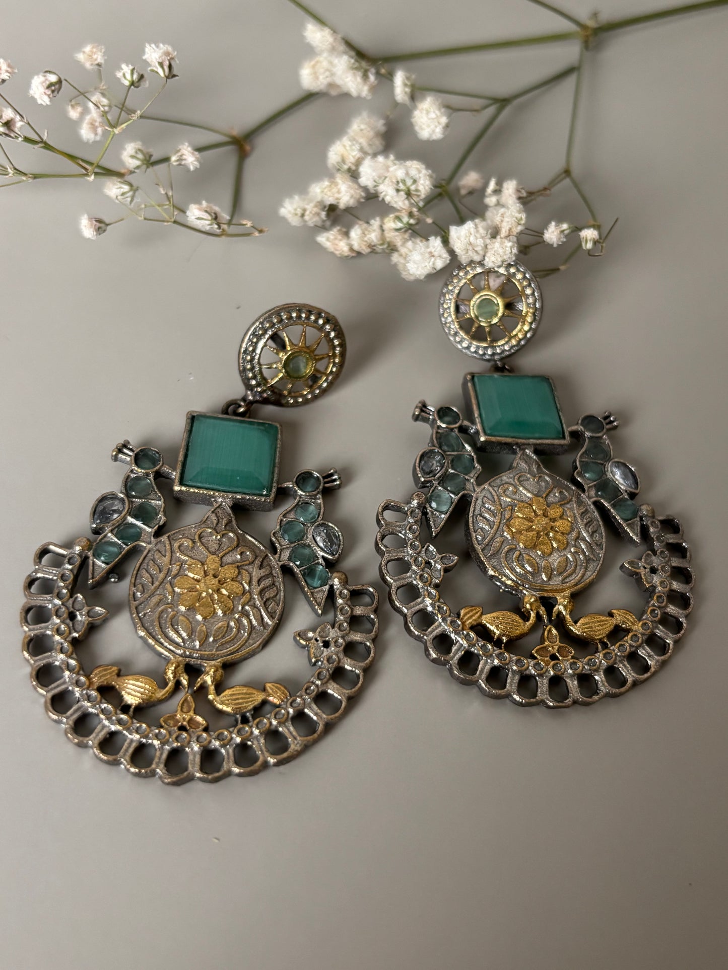 Jhanvi Sea Green Stone Dual Tone Earring