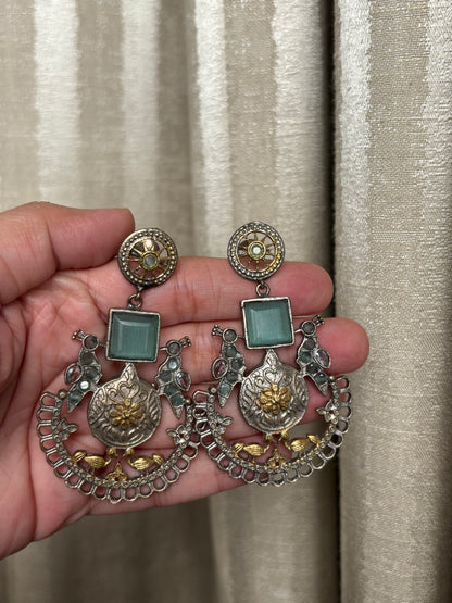 Jhanvi Sea Green Stone Dual Tone Earring