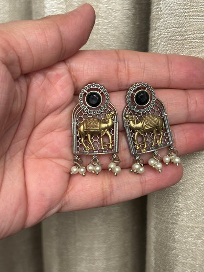 Swati Black Stone Dual Tone Earrings