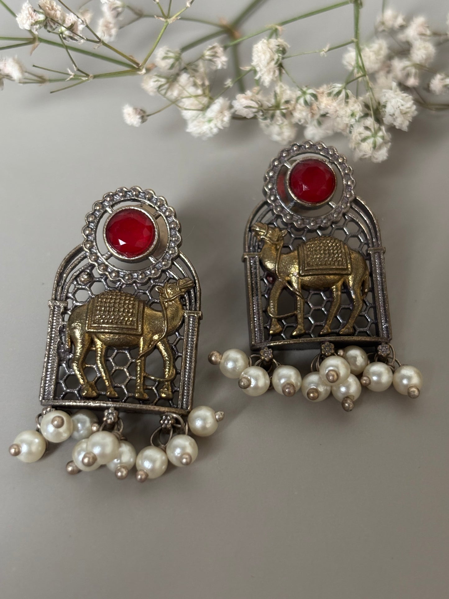 Swati Red Stone Dual Tone Earrings