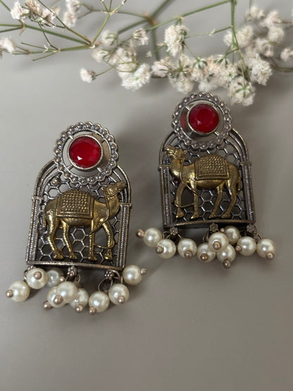 Swati Red Stone Dual Tone Earrings