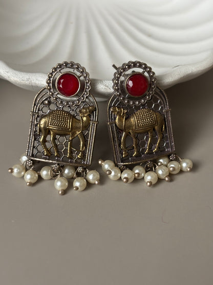 Swati Red Stone Dual Tone Earrings