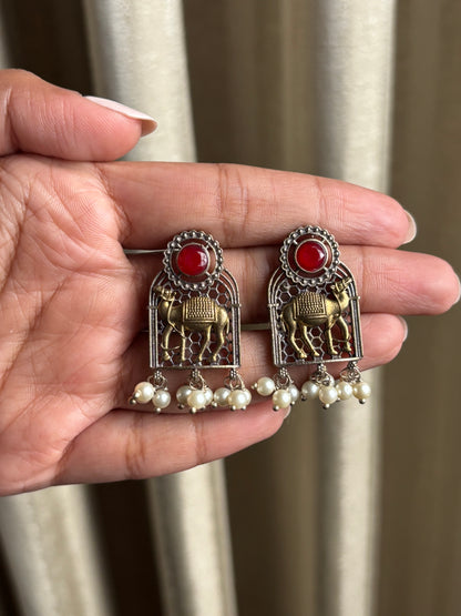 Swati Red Stone Dual Tone Earrings