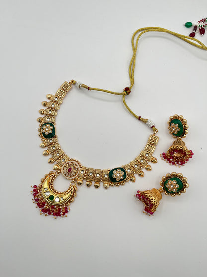 Trisha Antique Green Pink Rajwadi Necklace Set