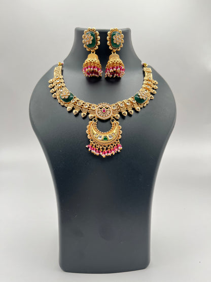 Trisha Antique Green Pink Rajwadi Necklace Set