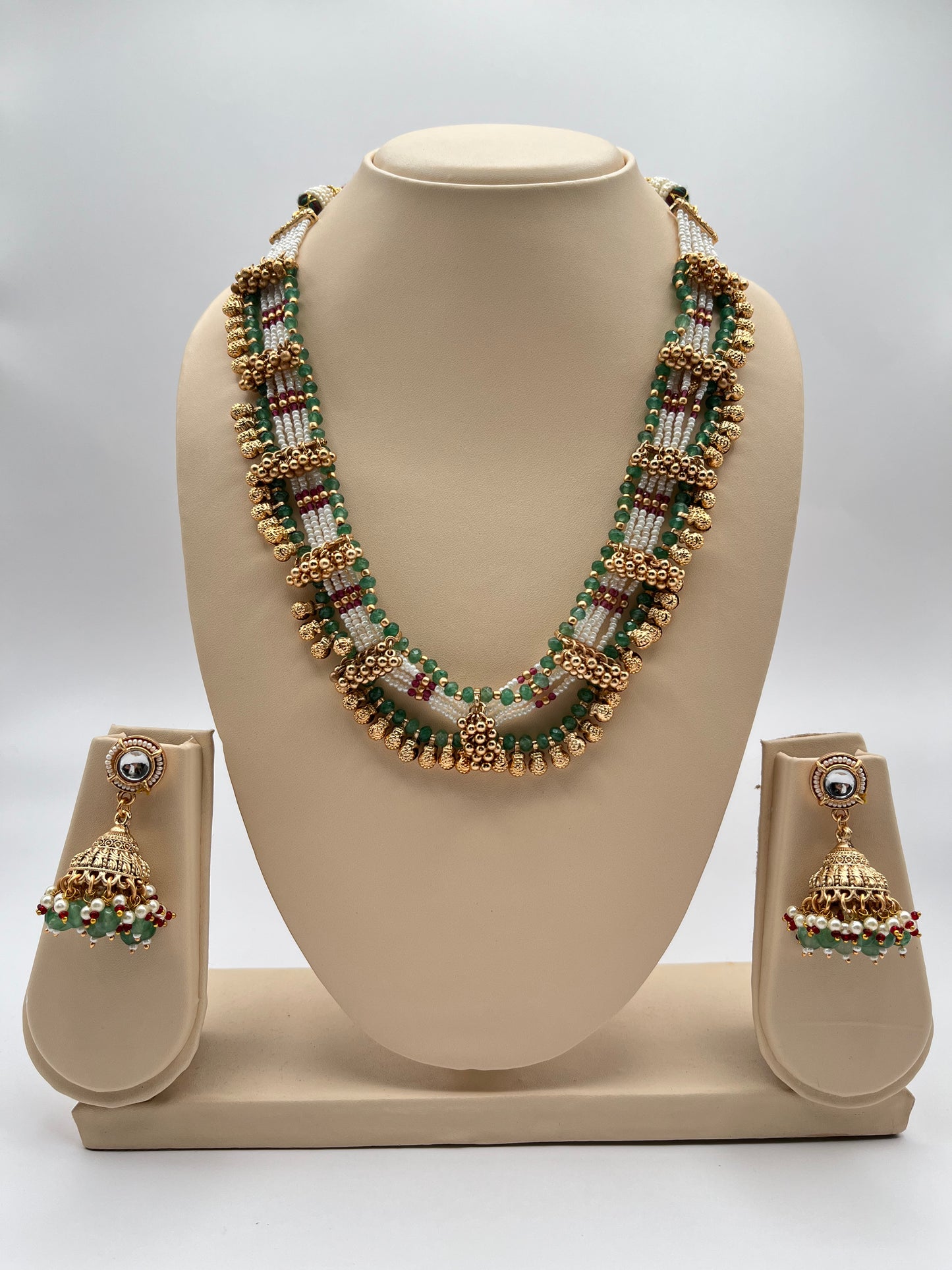 Sanvi Green Pink Pearl Necklave Set