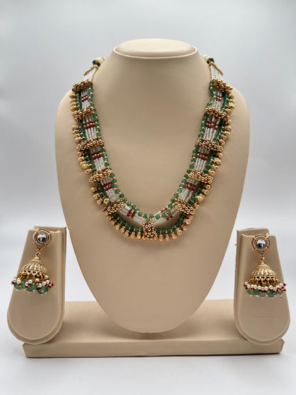 Sanvi Green Pink Pearl Necklave Set