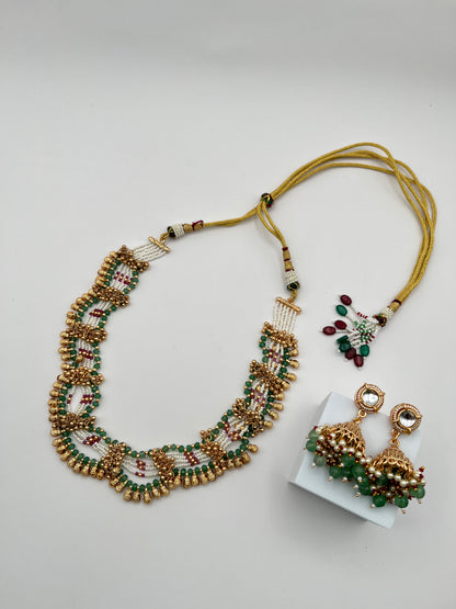 Sanvi Green Pink Pearl Necklave Set
