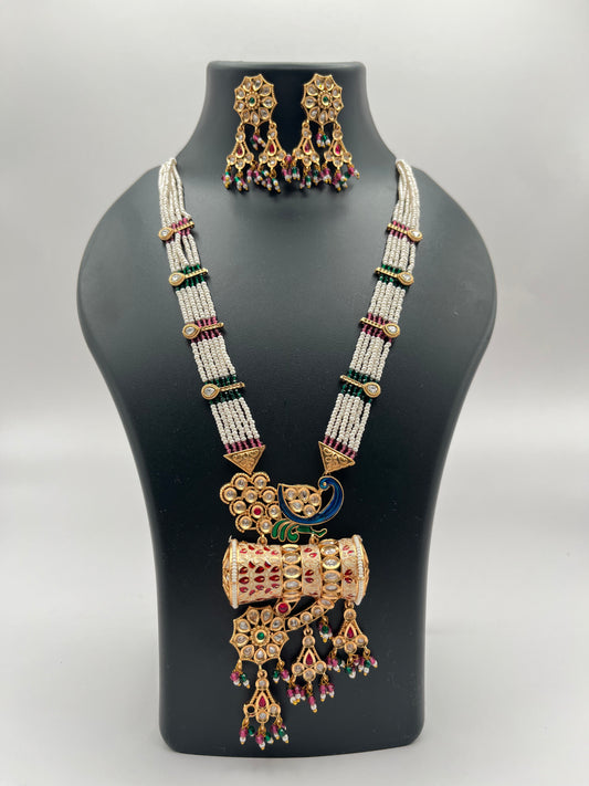 Mayuri Pink Green Pearl Long Necklace Set
