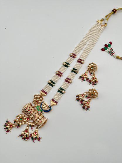 Mayuri Pink Green Pearl Long Necklace Set