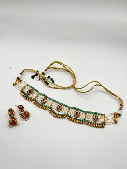 Kriti Red Green Pearl Choker Set