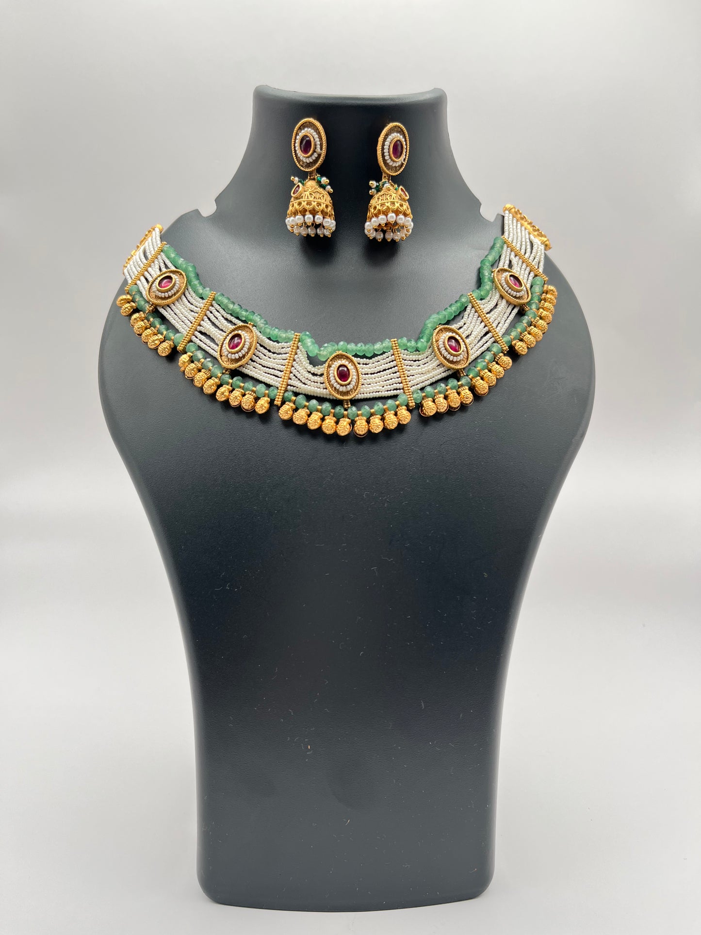 Kriti Red Green Pearl Choker Set