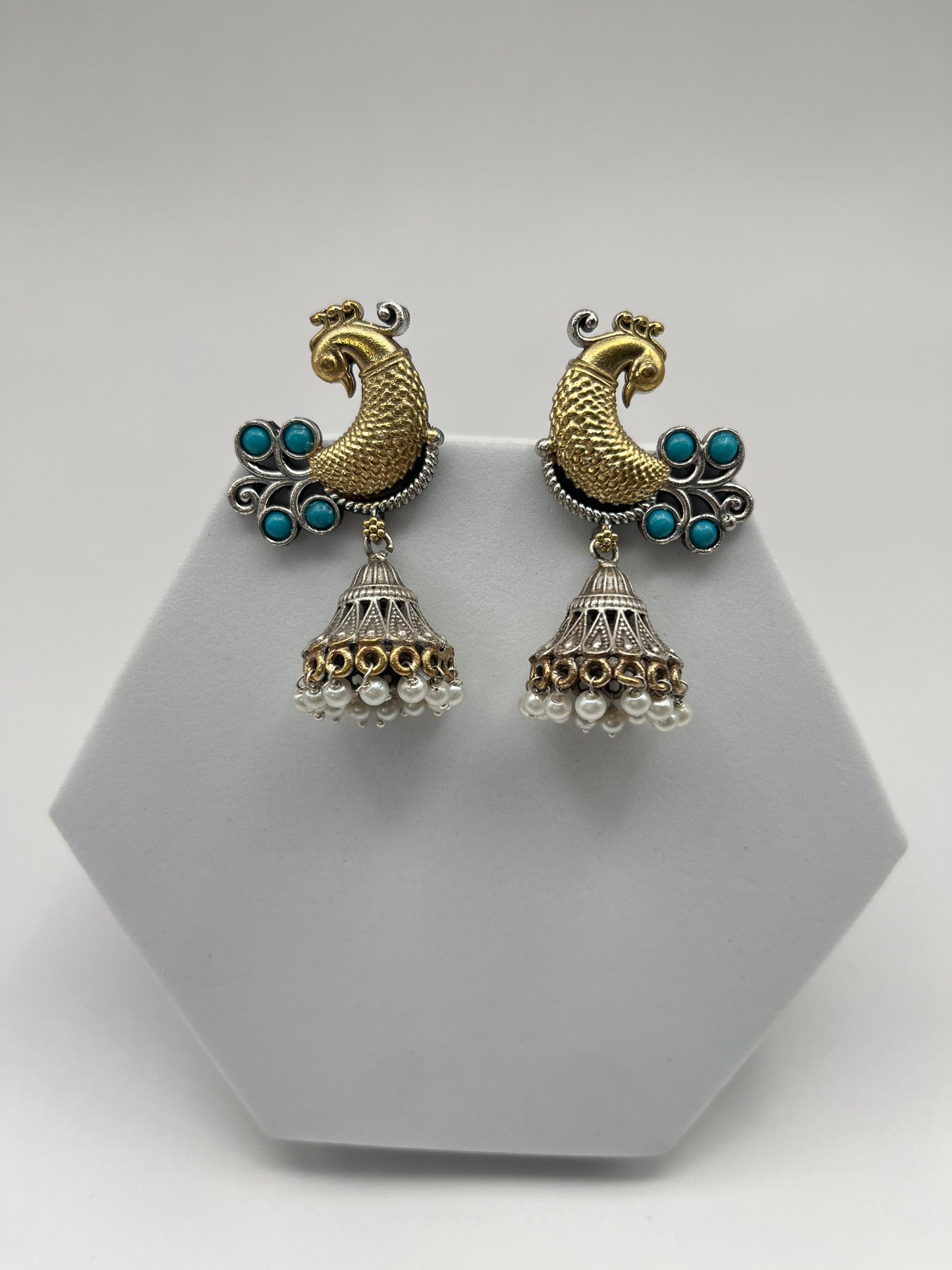 Aarohi Turquoise Blue Peacock Dual Tone Earrings