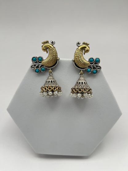 Aarohi Turquoise Blue Peacock Dual Tone Earrings