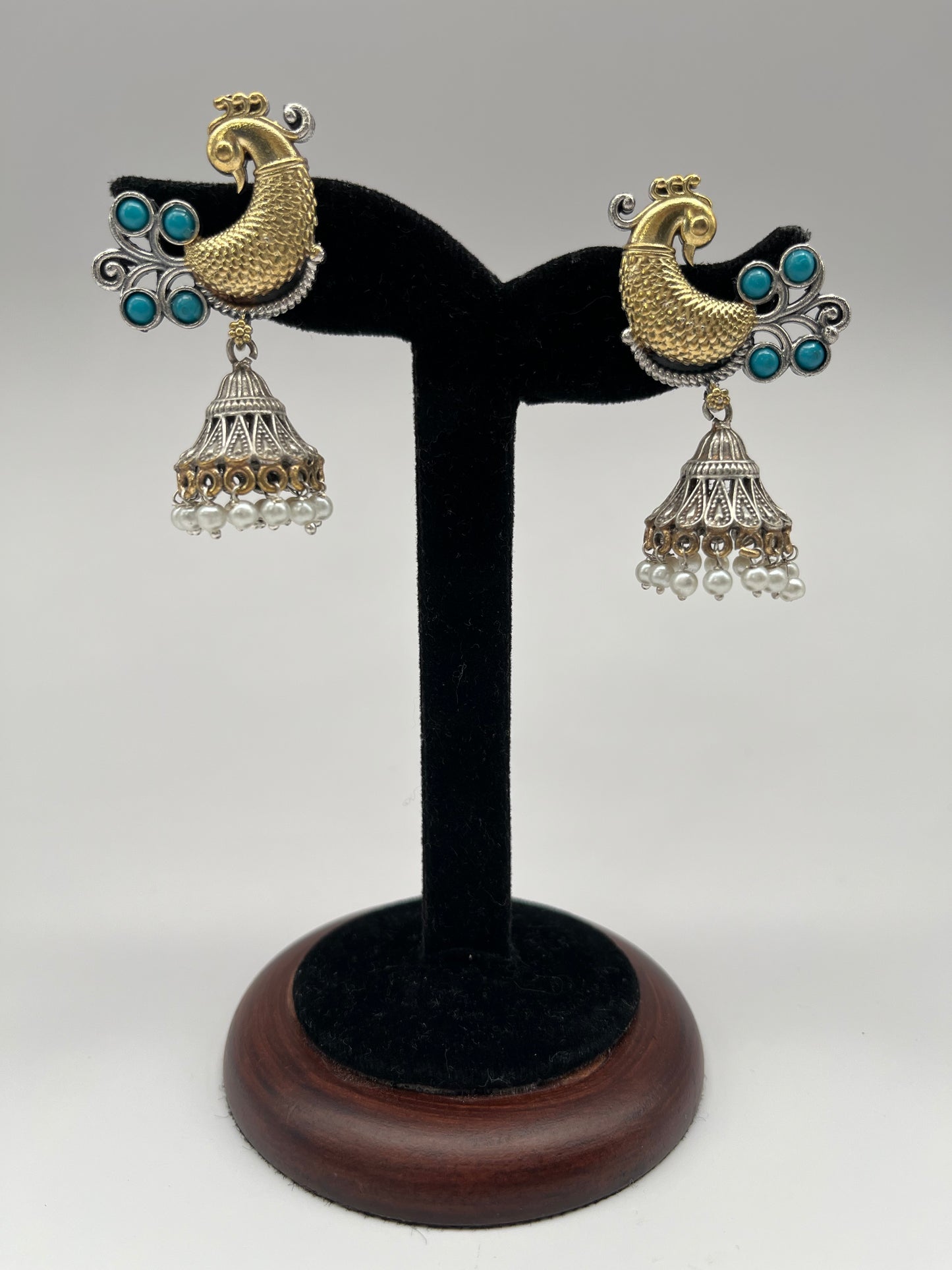 Aarohi Turquoise Blue Peacock Dual Tone Earrings